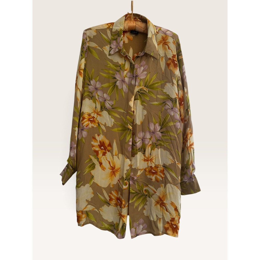 Peck & Peck Collection 100% Silk Tropical Floral Button Down Blouse Tunic Size 8